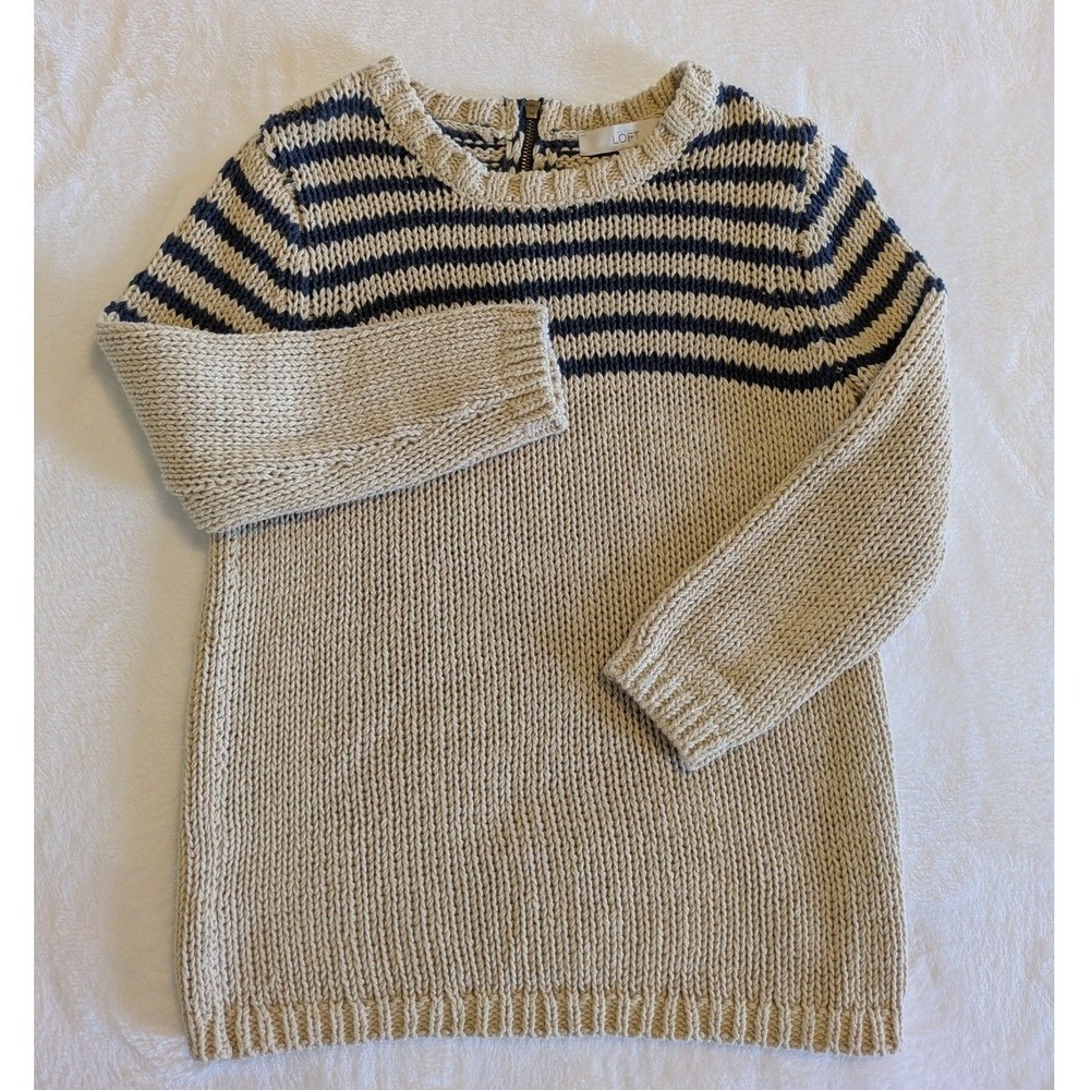 LOFT Sweater‎ Womens Petite Medium Knit Long Sleeve Striped Back Zipper Preppy